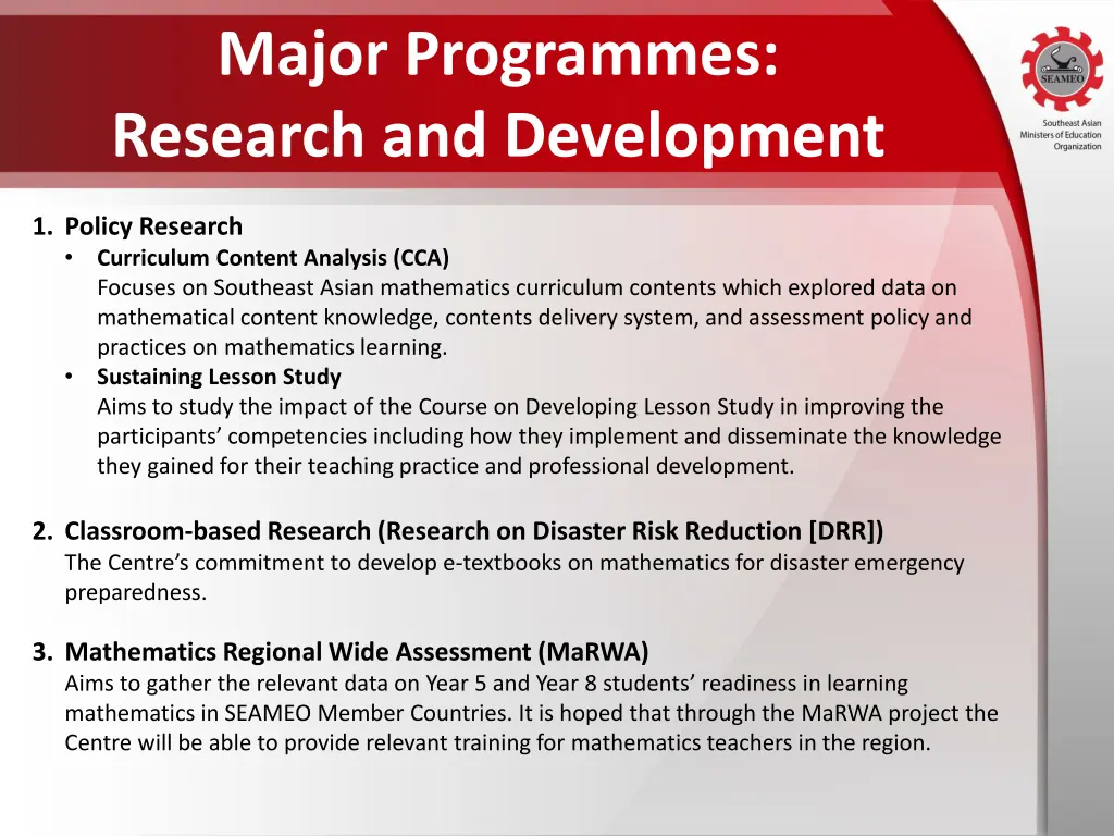 major programmes research and development