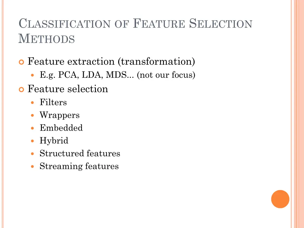 c lassification of f eature s election m ethods
