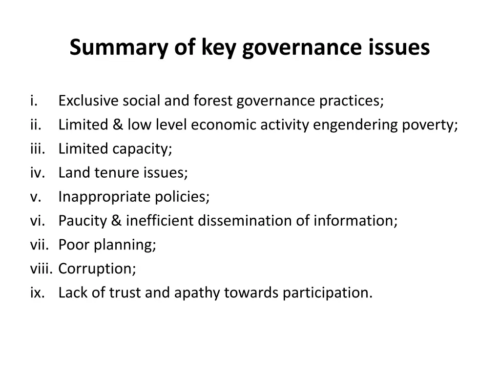 summary of key governance issues