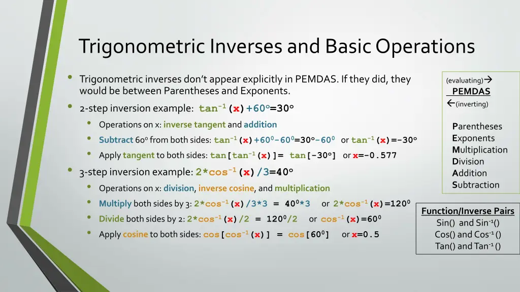 trigonometric inverses and basic operations