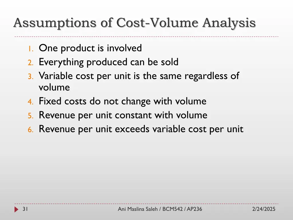 assumptions of cost volume analysis