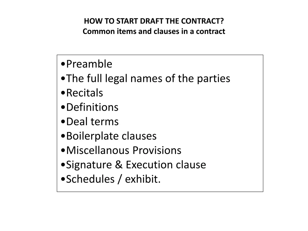 how to start draft the contract common items