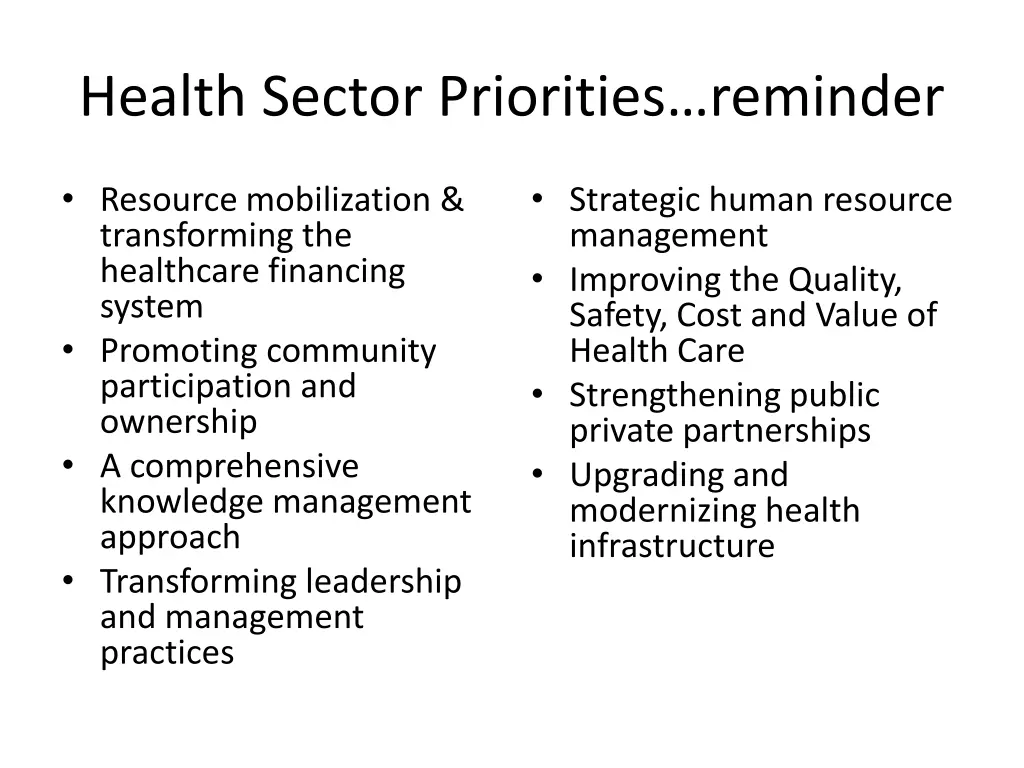 health sector priorities reminder