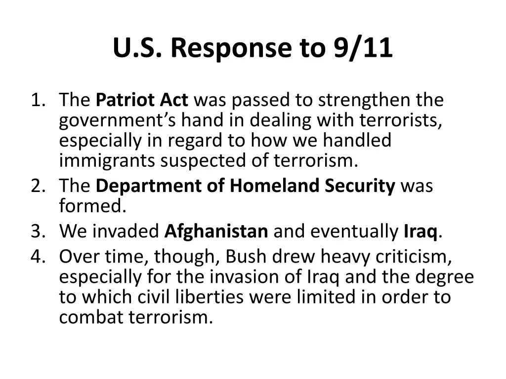 u s response to 9 11
