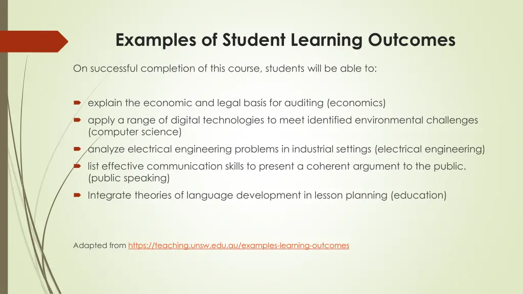 examples of student learning outcomes