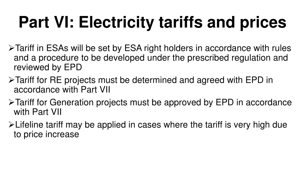 part vi electricity tariffs and prices