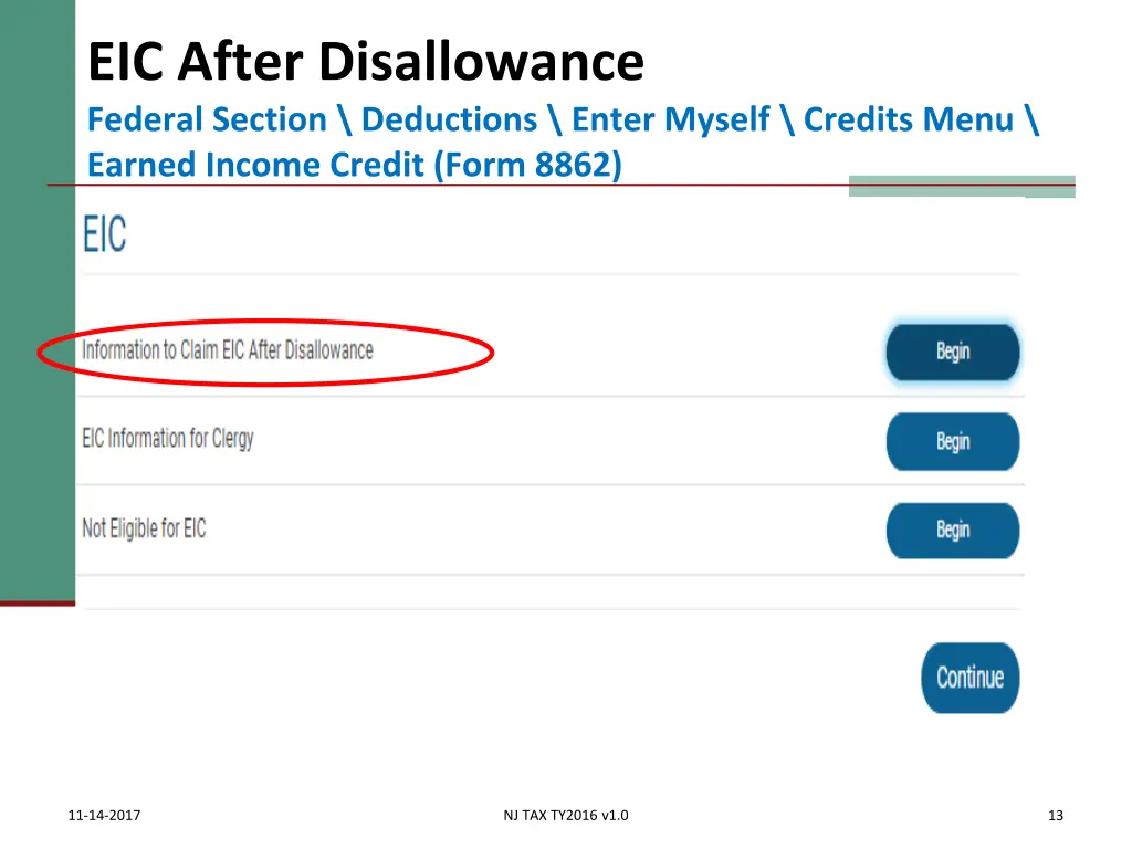 eic after disallowance federal section deductions
