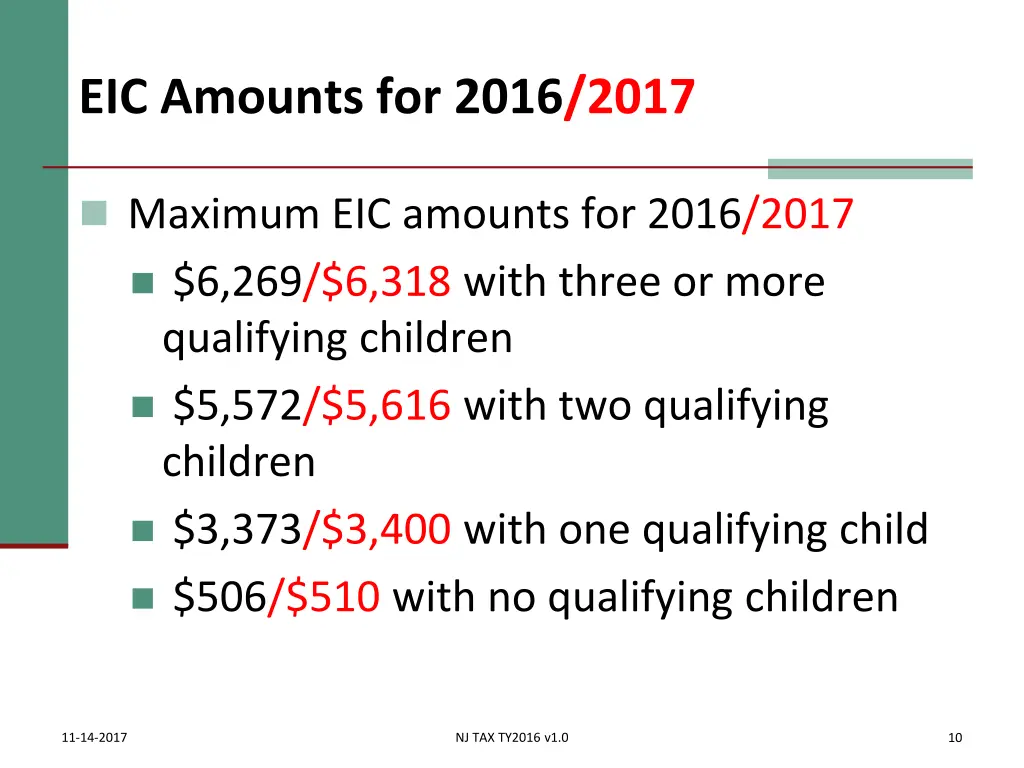 eic amounts for 2016 2017