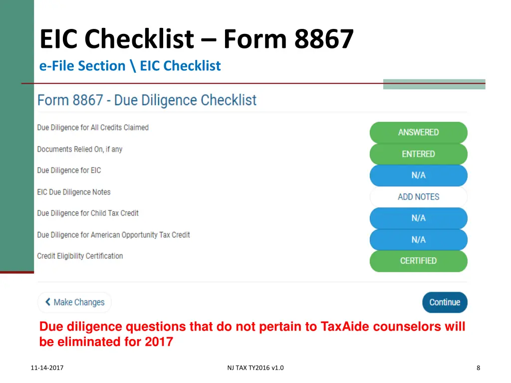 eic checklist form 8867 e file section