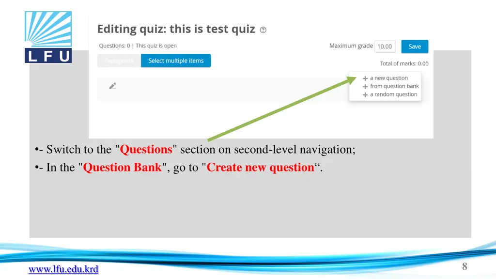 switch to the questions section on second level