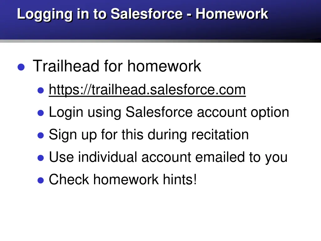 logging in to salesforce homework