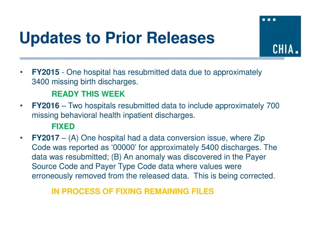 updates to prior releases