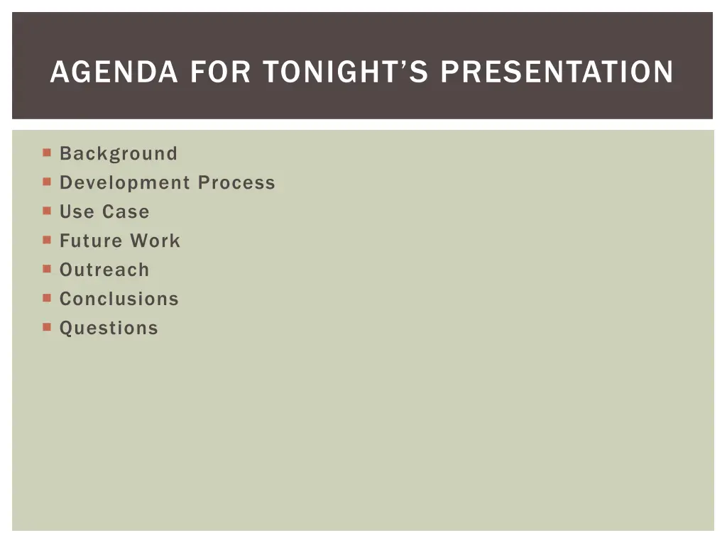 agenda for tonight s presentation