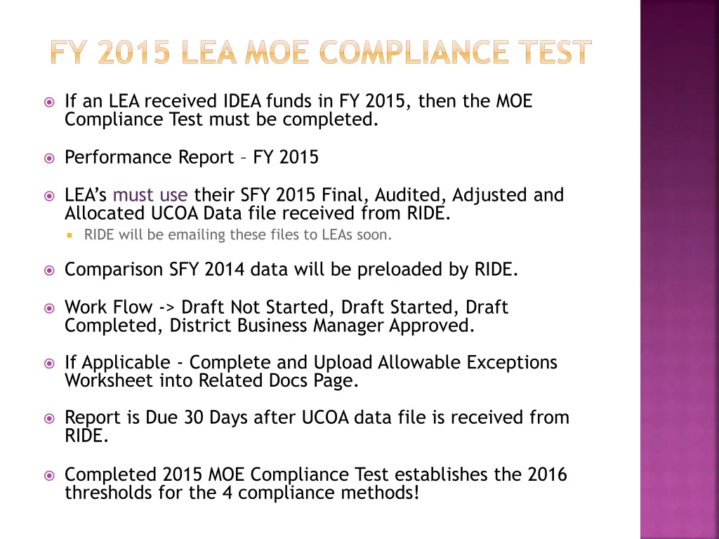 fy 2015 lea moe compliance test