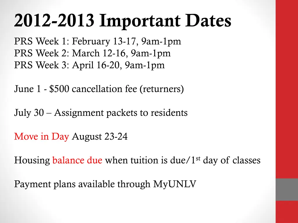 2012 2013 important dates