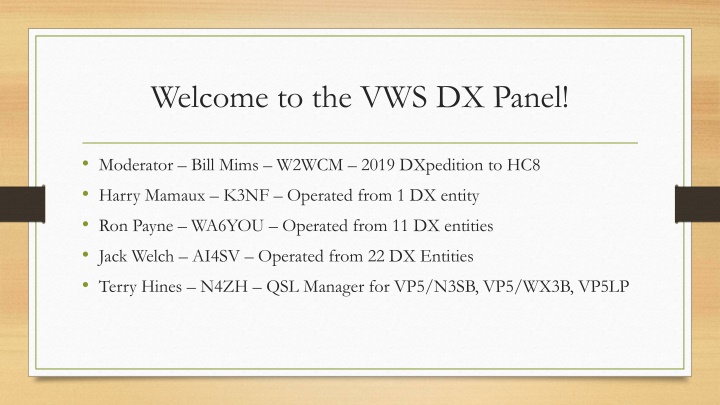 welcome to the vws dx panel