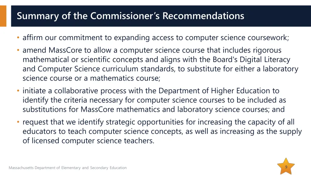 summary of the commissioner s recommendations