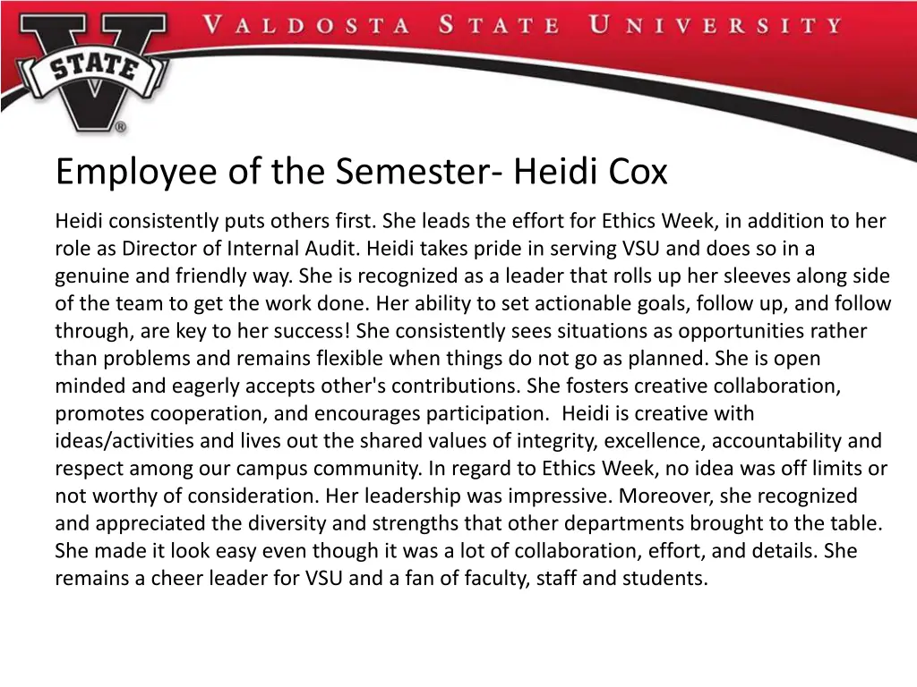 employee of the semester heidi cox