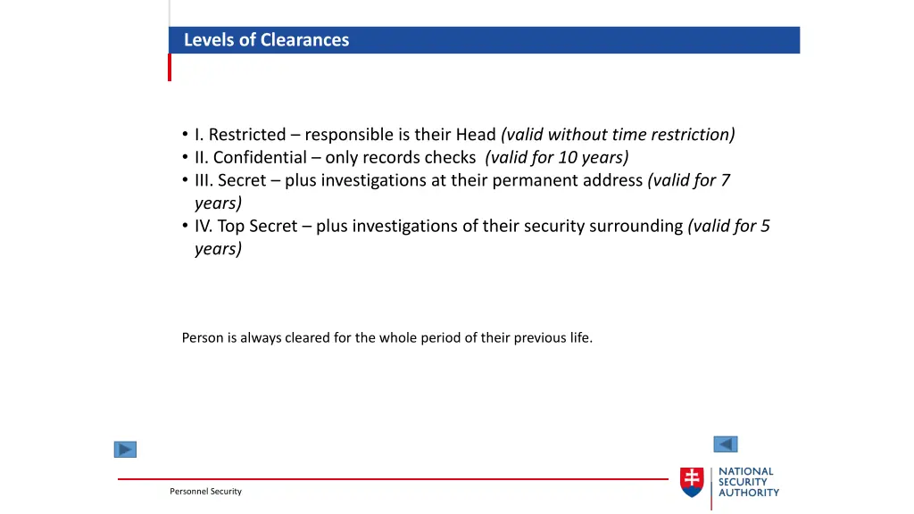 levels of clearances