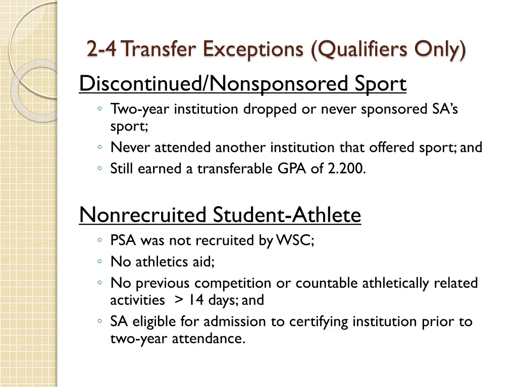 2 4 transfer exceptions qualifiers only