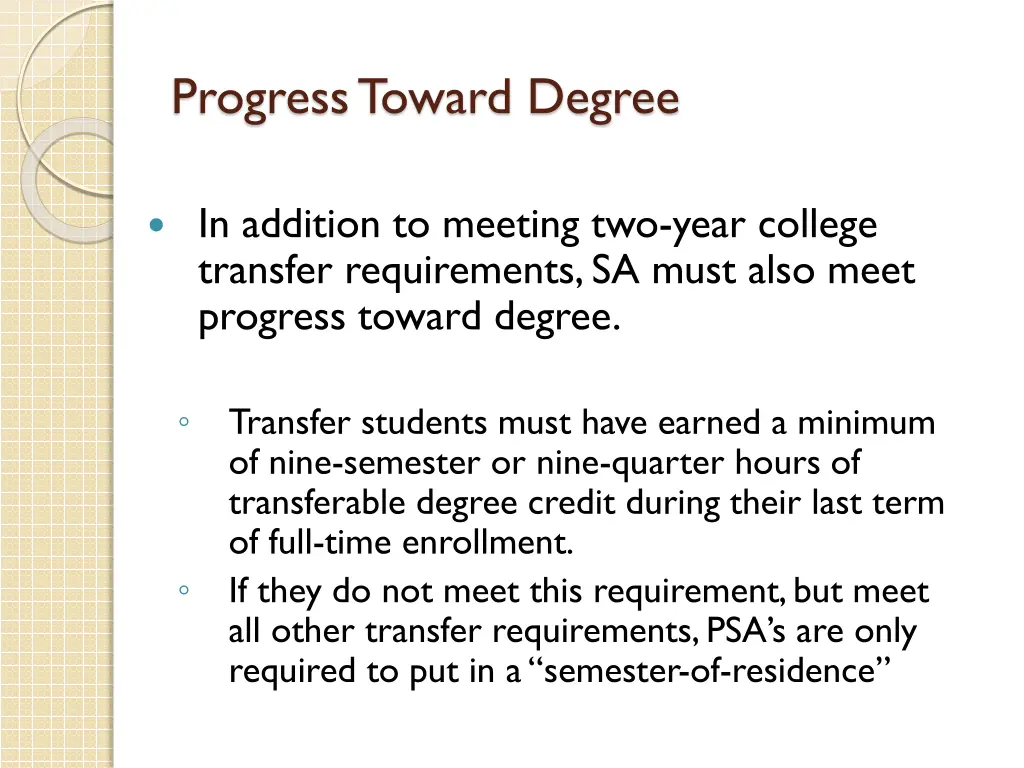 progress toward degree