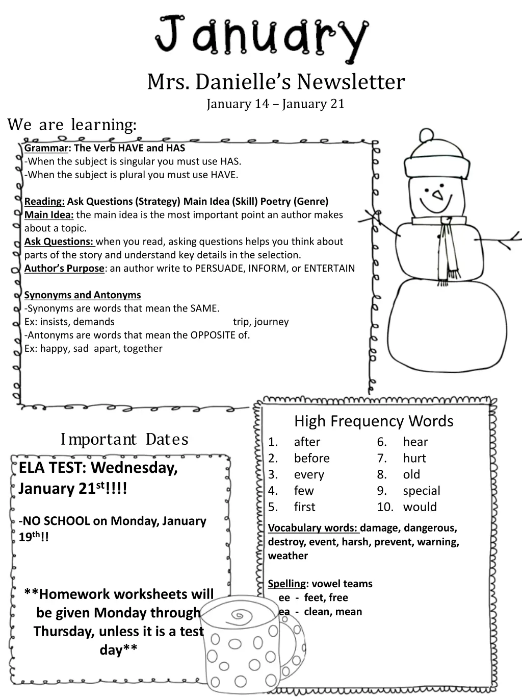 mrs danielle s newsletter january 14 january 21