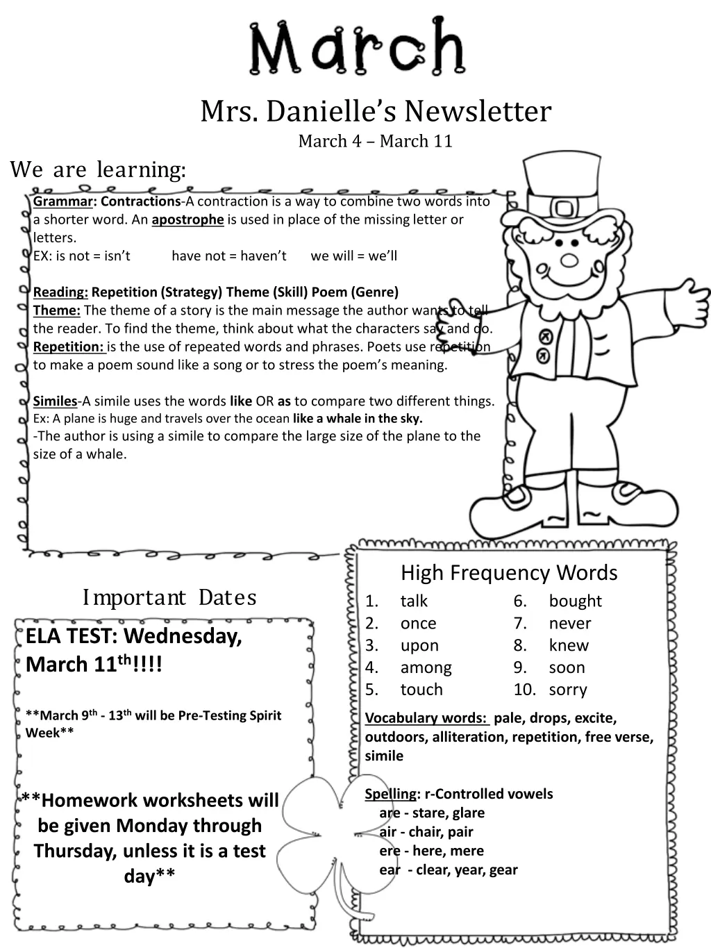 mrs danielle s newsletter march 4 march 11