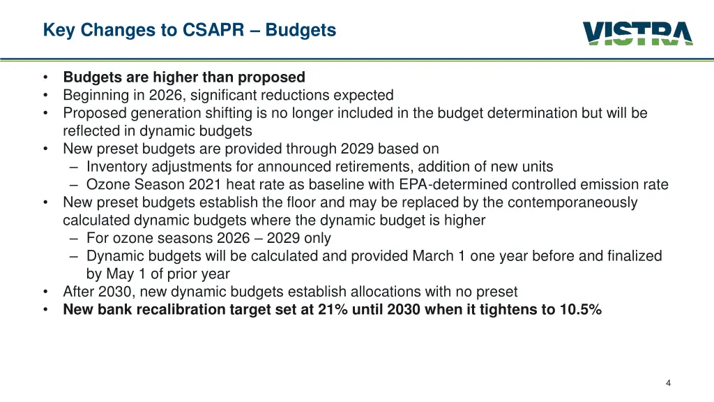 key changes to csapr budgets
