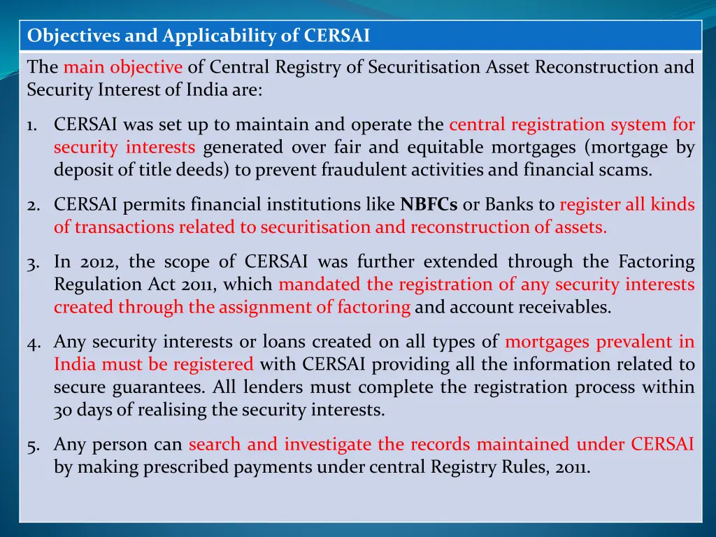objectives and applicability of cersai
