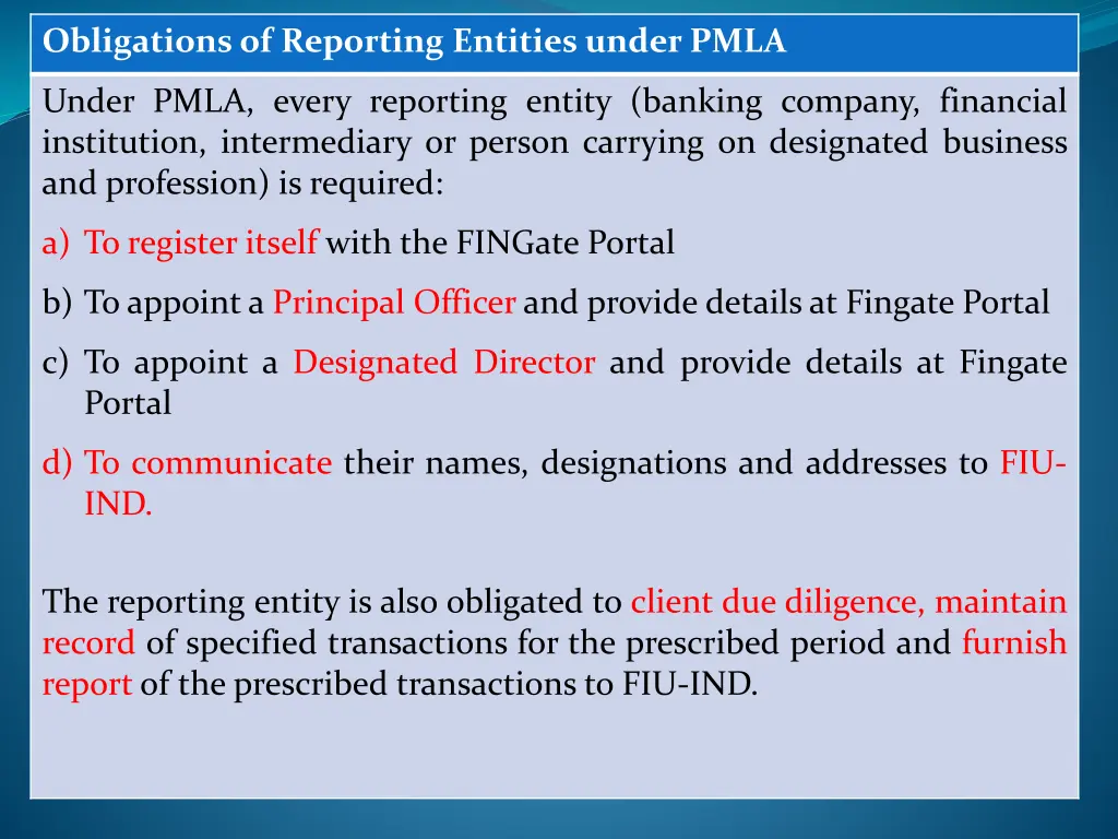obligations of reporting entities under pmla