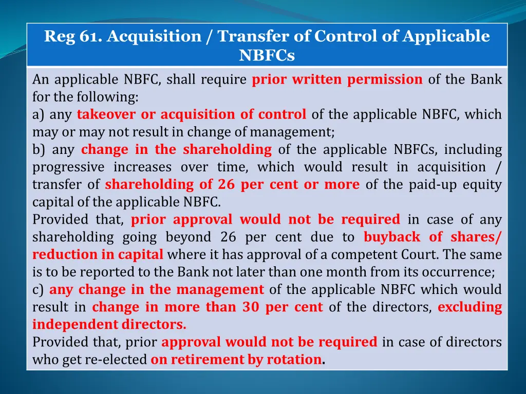 reg 61 acquisition transfer of control