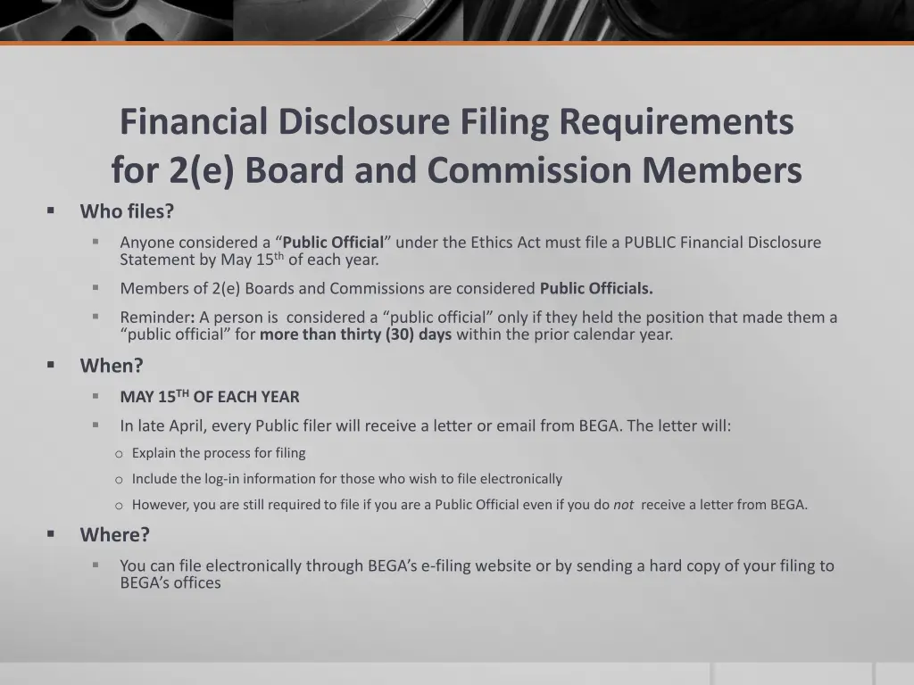 financial disclosure filing requirements