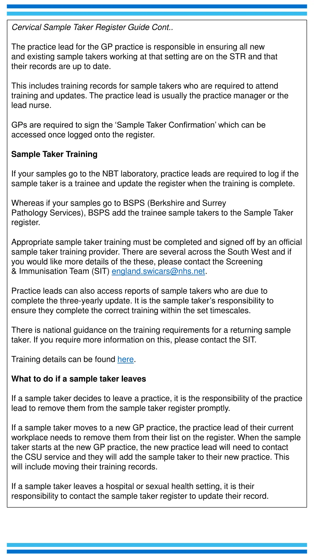 cervical sample taker register guide cont