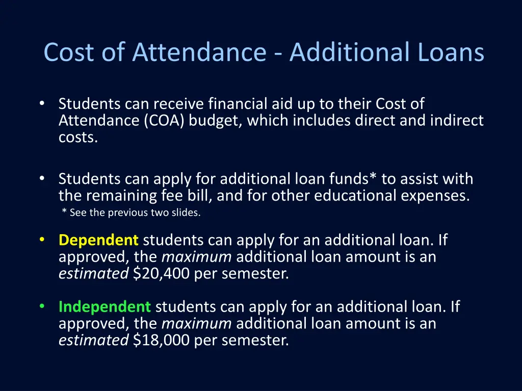 cost of attendance additional loans