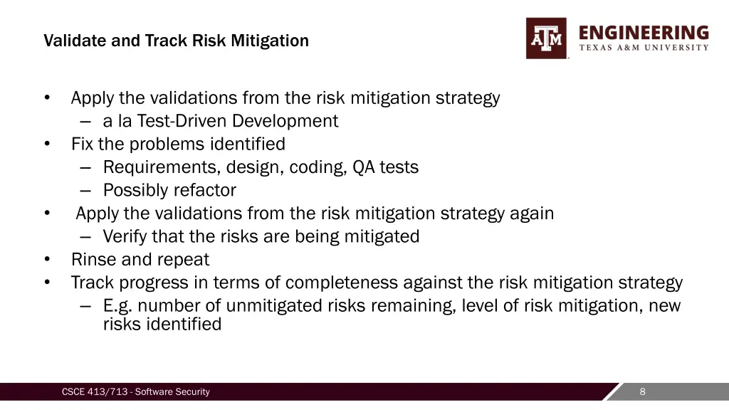 validate and track risk mitigation