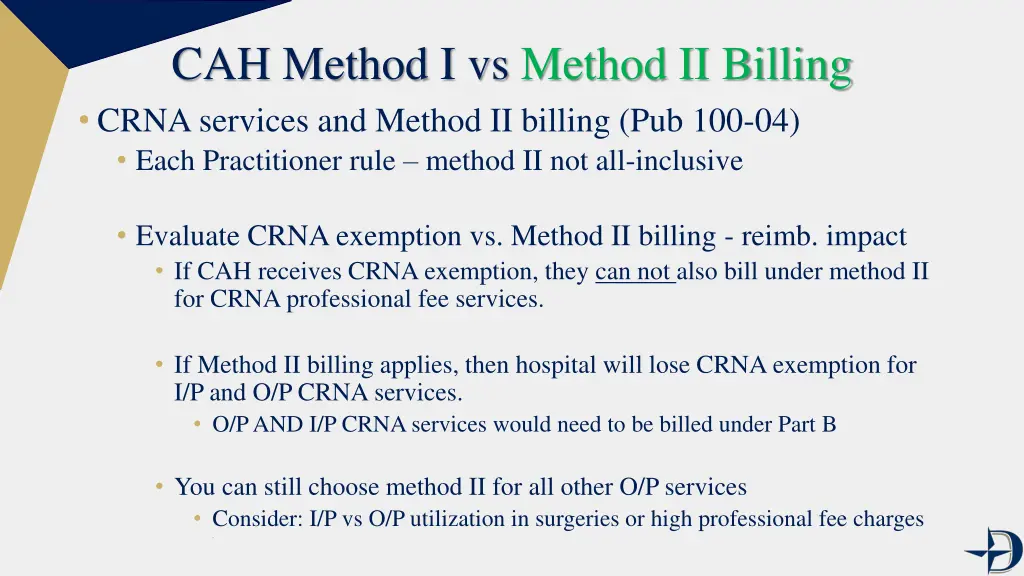 cah method i vs method ii billing crna services