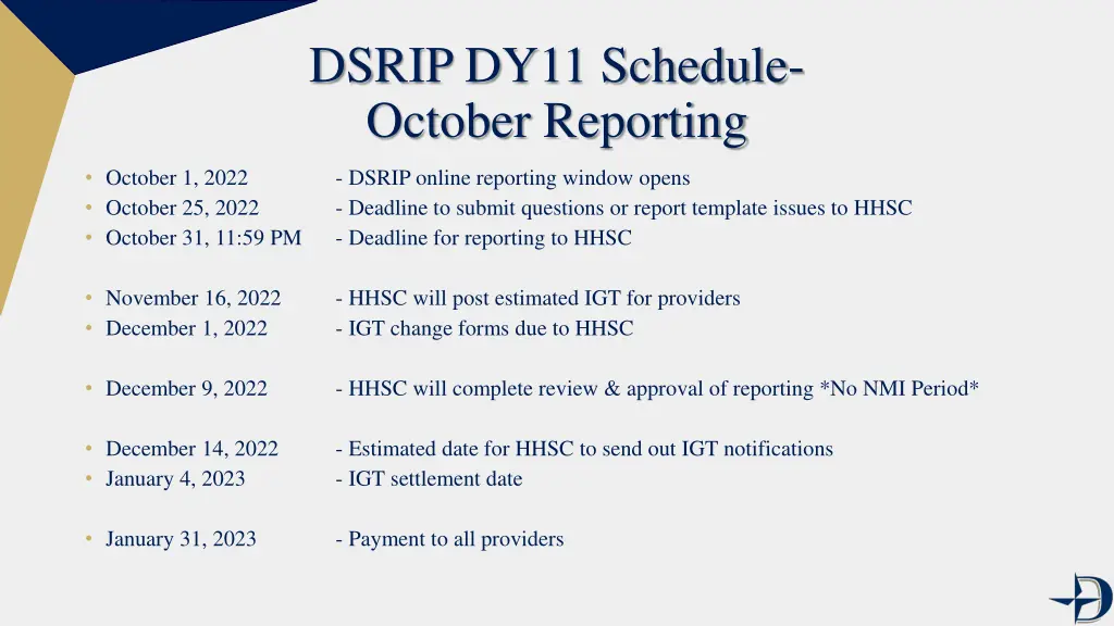 dsrip dy11 schedule october reporting