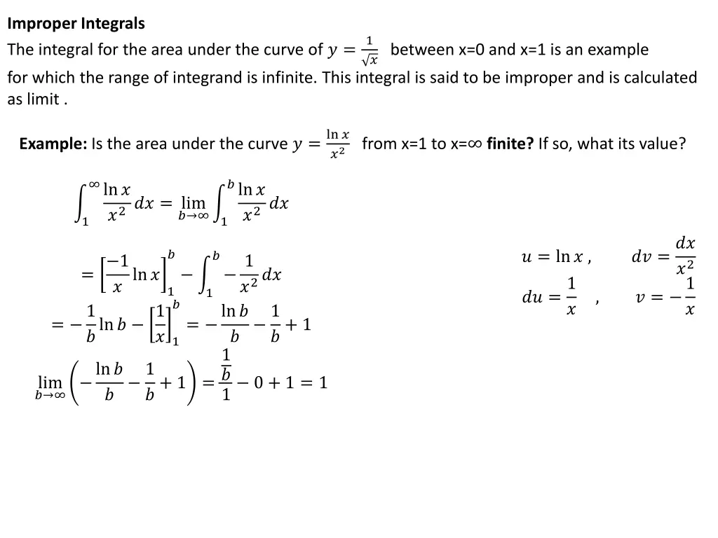 improper integrals the integral for the area