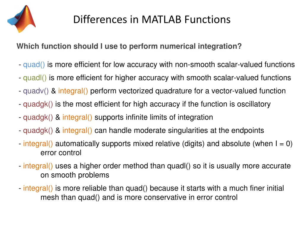 differences in matlab functions
