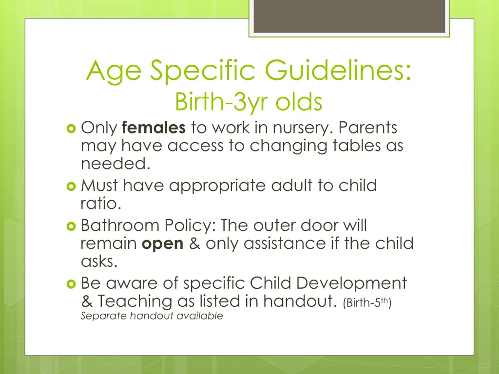 age specific guidelines birth 3yr olds only