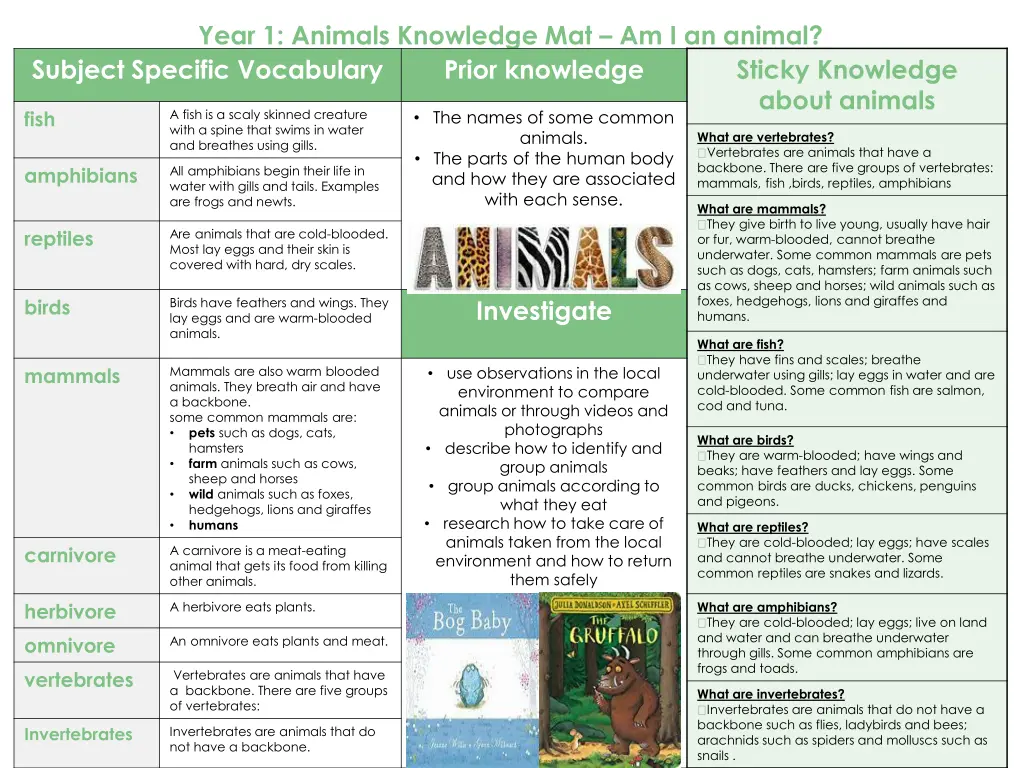 year 1 animals knowledge mat am i an animal