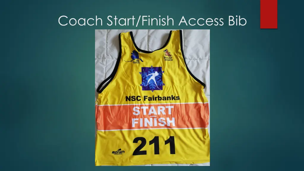 coach start finish access bib