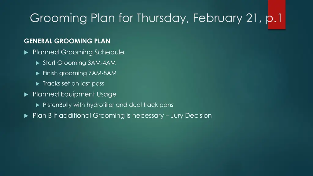 grooming plan for thursday february 21 p 1