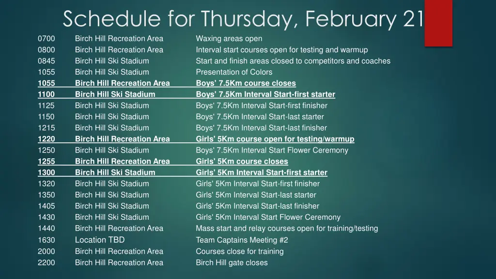schedule for thursday february 21 birch hill