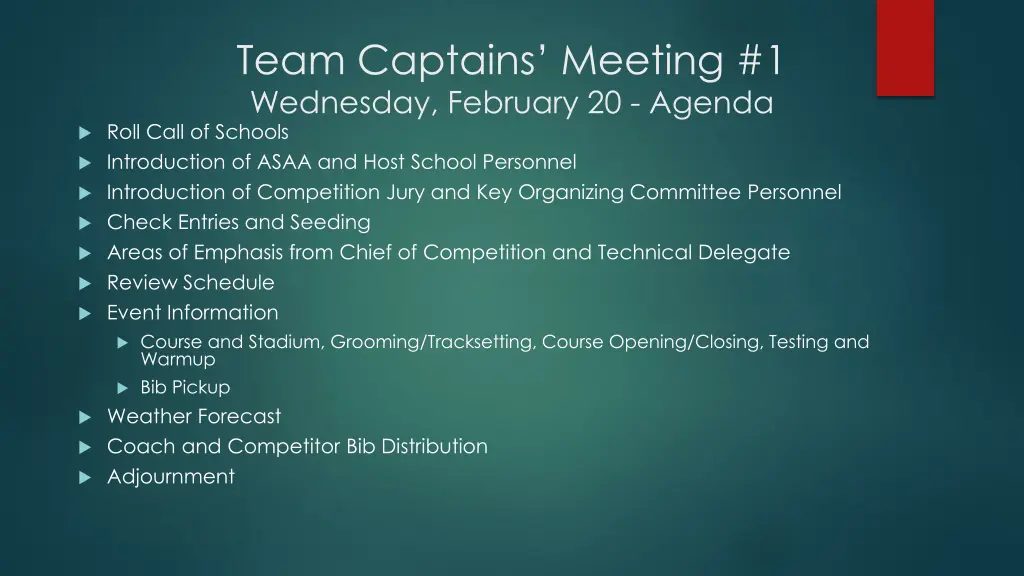 team captains meeting 1 wednesday february