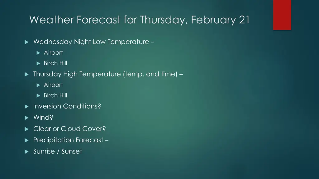 weather forecast for thursday february 21