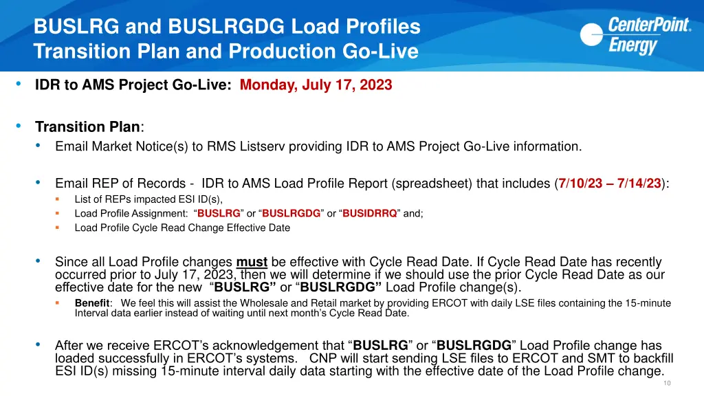 buslrg and buslrgdg load profiles transition plan