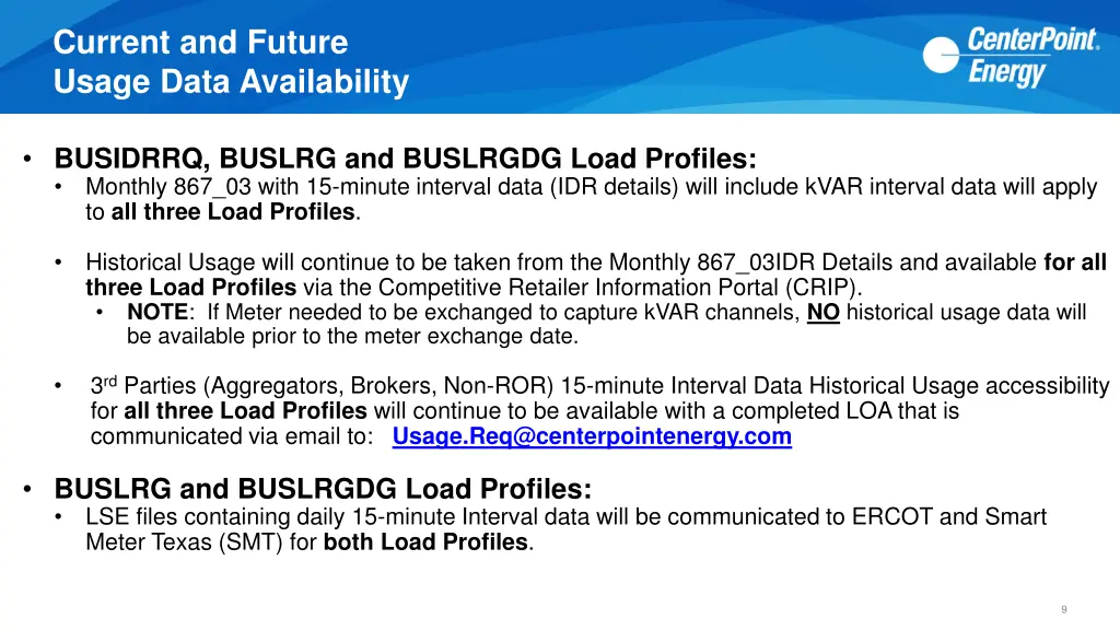 current and future usage data availability