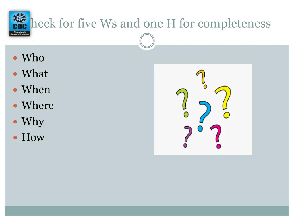 check for five ws and one h for completeness
