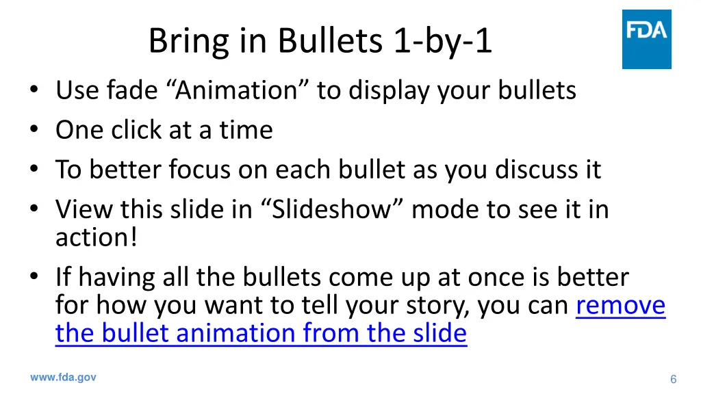 bring in bullets 1 by 1 use fade animation